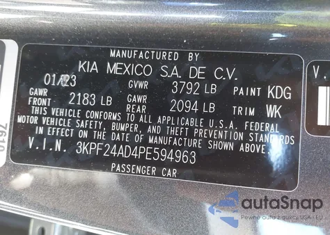 2023 Kia Forte Lxs z USA, uszkodzony, nr VIN 3KPF24AD4PE594963